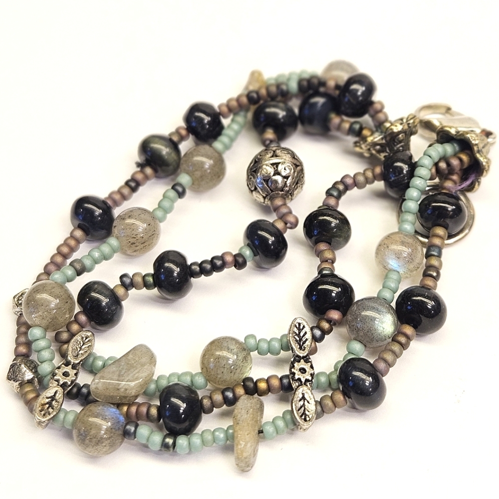 Labradorite and Deep Blue Tiger's Eye Triple Strand Beaded Bracelet